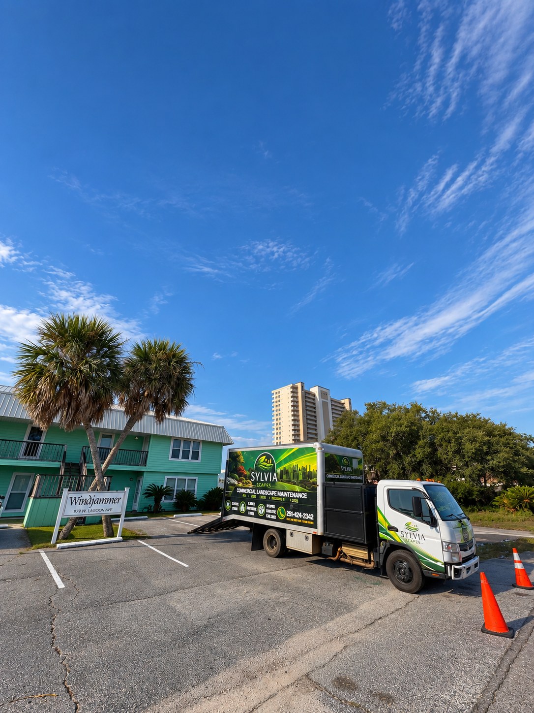 Sylvia Scapes commercial landscape maintenance truck on site at a coastal property
